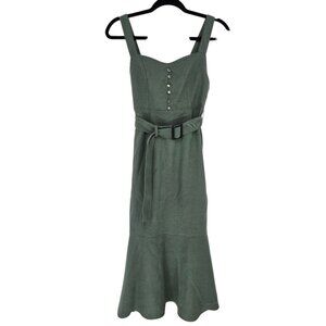 Nohea womens medium olive green belted adjustable strap mermaid midi dress NWT